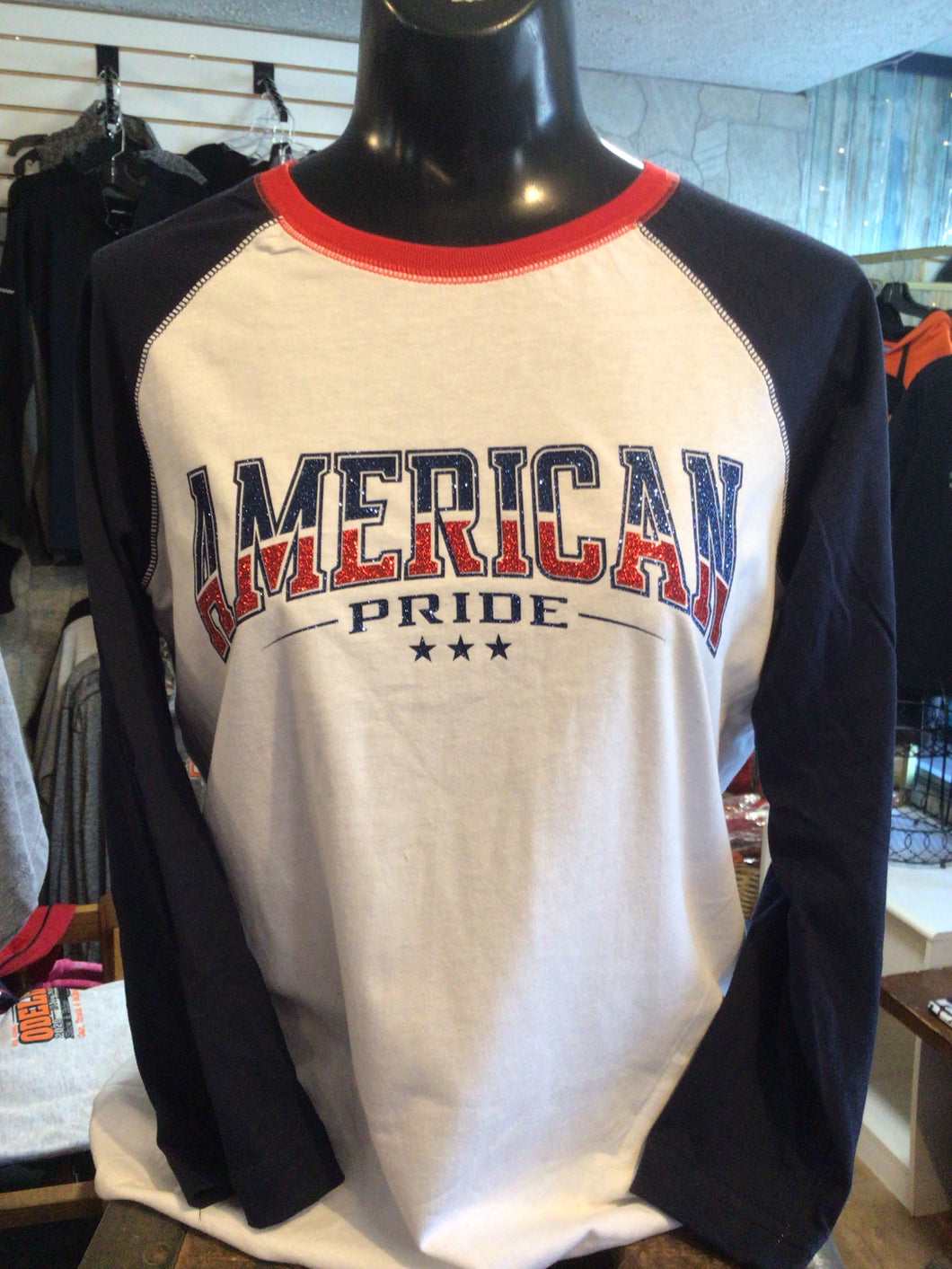 American Pride 3/4 Sleeve Baseball Style Tshirt- Glitter Print